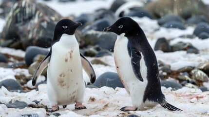 Obraz premium Two Adelie penguins are captured in a candid moment, standing face-to-face on a sandy, pebbled shoreline