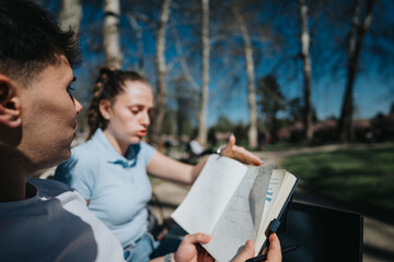 A focused pair of students are reading a book together in the warmth of the sun, absorbed in their...