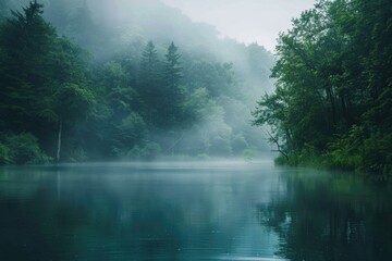 Misty lake surrounded by trees, perfect for nature themes