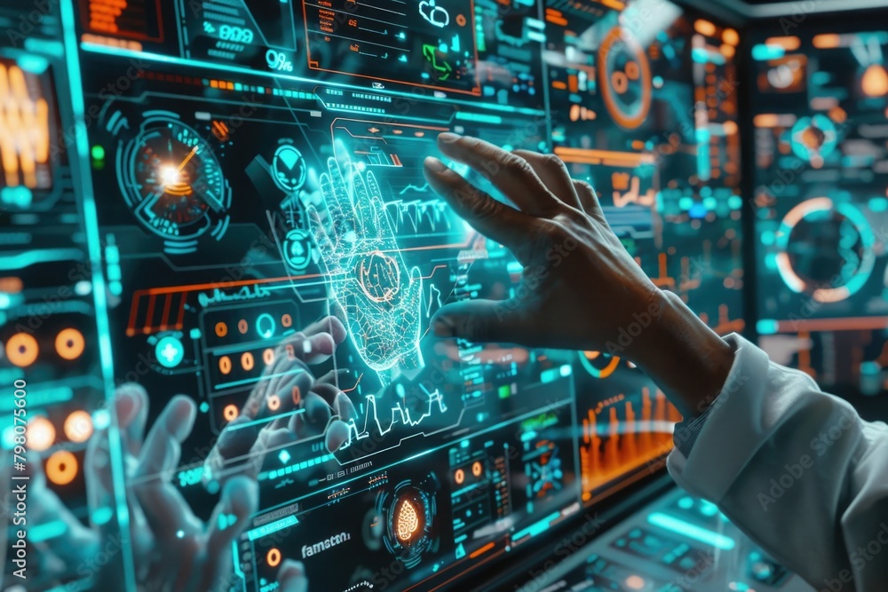 Poster A person interacting with a high-tech computer screen. Suitable for technology concepts