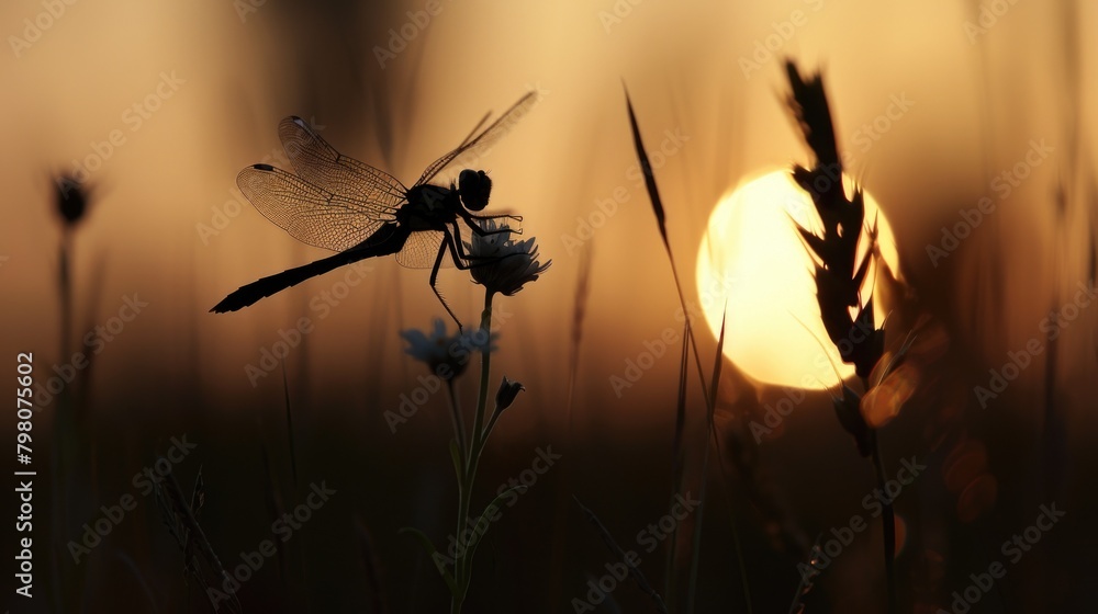 Aufkleber A dragonfly perched on a tall grass field. Suitable for nature and wildlife themes