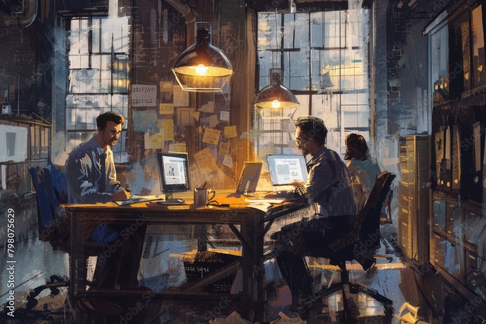 Poster A couple of people sitting at a table with computers. Suitable for business and technology concepts
