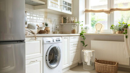 A cozy bright laundry nook with modern appliances