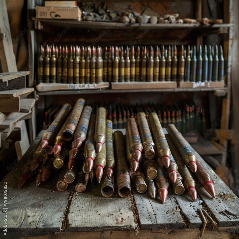 Poster Bullet shells resting on a rustic wooden table, suitable for firearms or military-themed designs