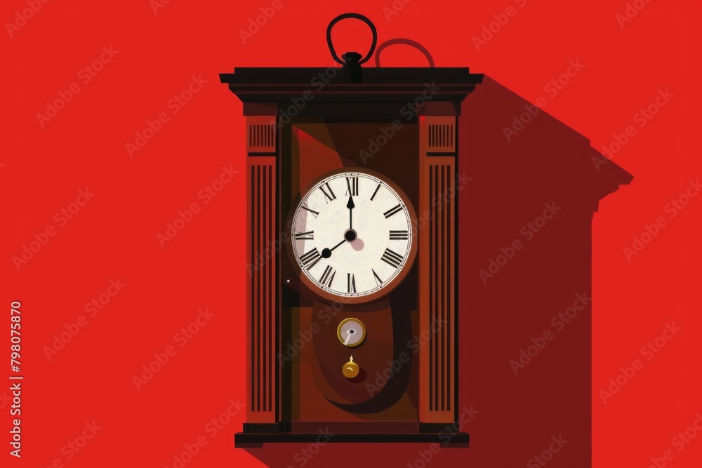 Poster A classic clock with Roman numerals hanging on a vibrant red wall. Perfect for adding a touch of sophistication to any room decor