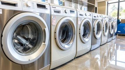 A lineup of modern washing machines on display