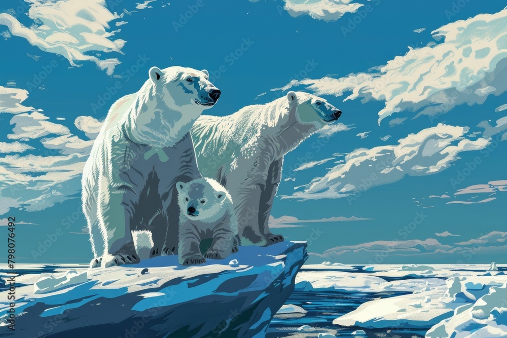 Poster three polar bears standing on an iceberg. suitable for environmental and wildlife conservation conce