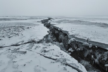 A black and white photo of a large crack in the snow. Suitable for winter-themed designs