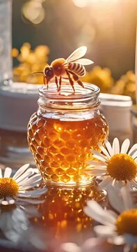 Vertical video of a bee sitting on a honey pot that stands on a table that is decorated with flowers. In background there's a window and blurred nature. A peaceful scene with a diligent little insect.