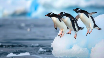 Fototapeta premium A serene image showcasing penguins on a small iceberg, set against a blurred icy landscape