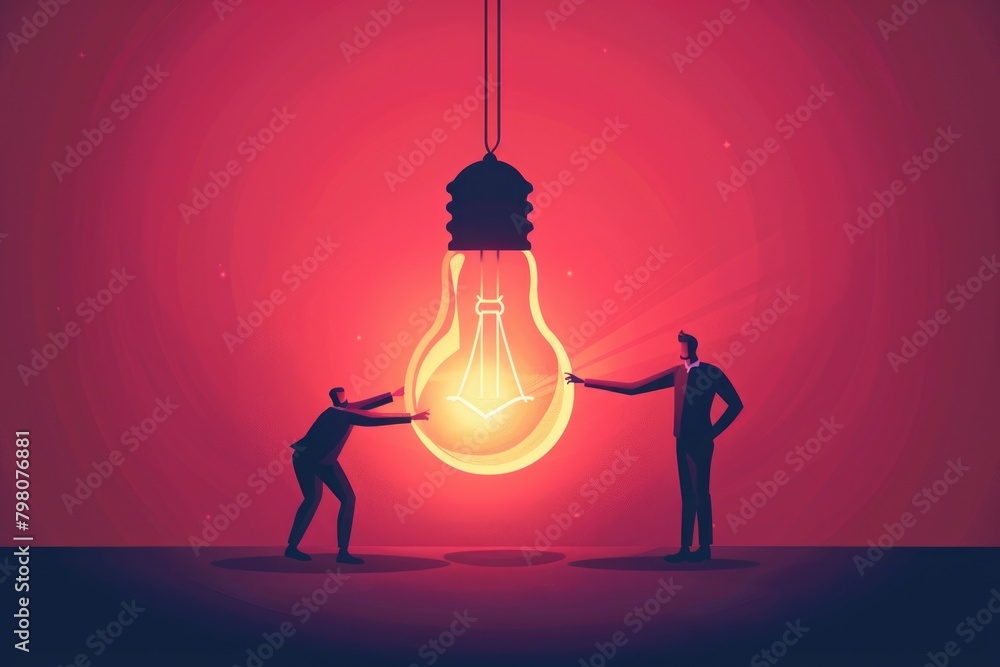 Poster two men standing in front of a light bulb. suitable for business concepts