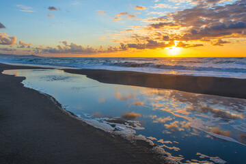 beach, sunset, coast, sea, wave, ocean, landscape, cloud, summer, sky, nature, tropical, sun,...