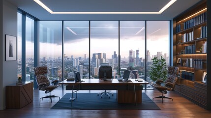 Elegant home office featuring sleek furniture, ambient lighting, and a breathtaking city view. Resplendent.