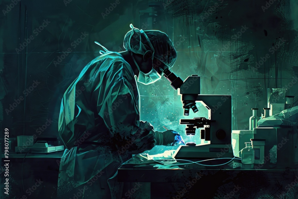Aufkleber A man in a lab coat examining a specimen. Ideal for science and research concepts