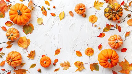 Creative composition of a frame featuring autumnal pumpkins and leaves.