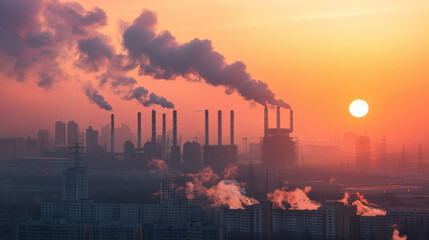 Industrial skyline under a hazy sunset