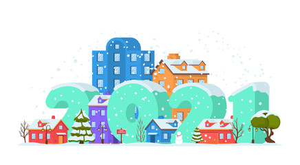 PNG, 2021 on Panoramic winter landscape in city park with snow covering. Happy New Year 2021 with winter landscape in city on Christmas eve. Cityscape. Buildings. Vector illustration