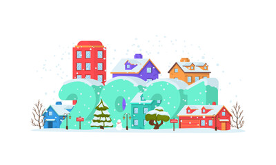 PNG, 2021 on Panoramic winter landscape in city park with snow covering. Happy New Year 2021 with winter landscape in city on Christmas eve. Cityscape. Buildings. Vector illustration