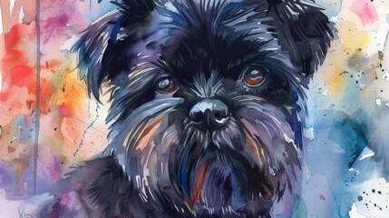 This image depicts an adorable black-haired dog set against a vibrant, color-splashed backdrop, capturing the essence of the animal in a watercolor style