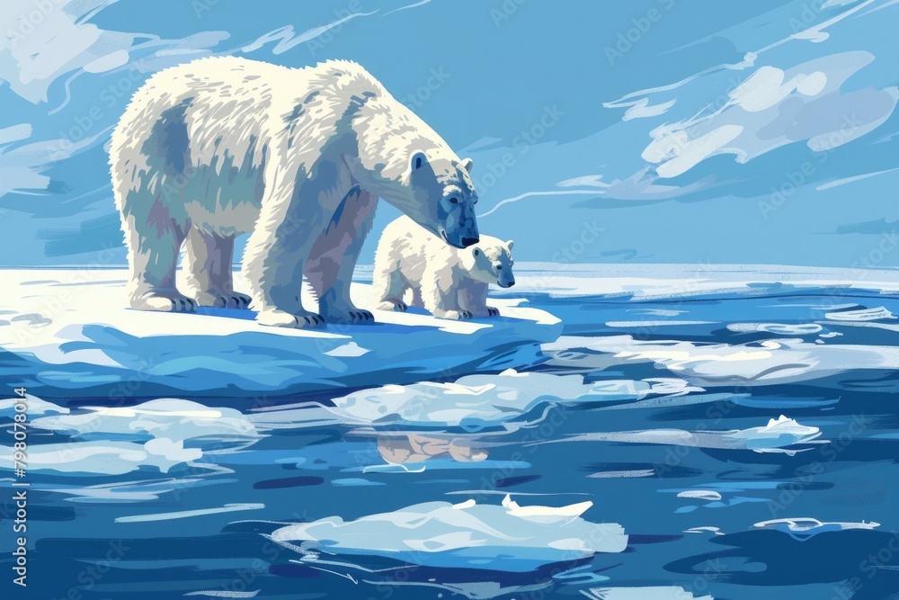 Sticker A beautiful painting of a polar bear and her cub on an ice floe. Perfect for nature and wildlife themes