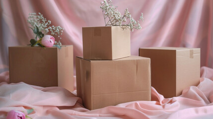 Brown cardboard boxes are considered works of art and have evolved into the modern commercial environment. Place on a light pink cloth.