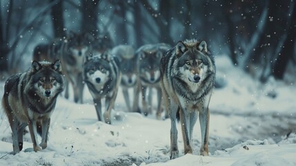 Fototapeta premium Winter's majesty: a captivating view of a fierce wolf pack roaming the snowy wilderness 
