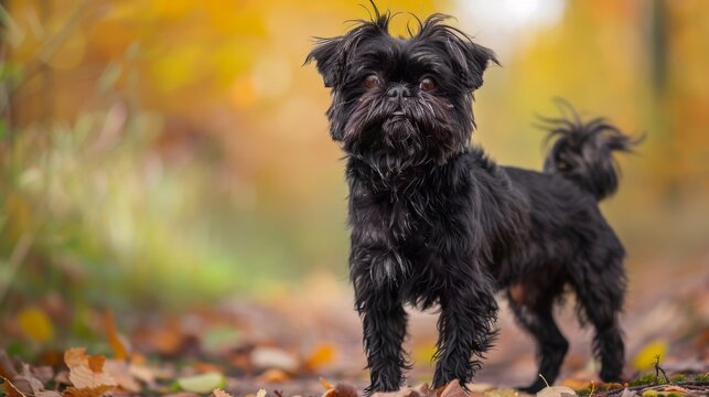 A lively black Brussels Griffon dog poses outdoor uch of the Brussels Griffon breed in an autumnal environment