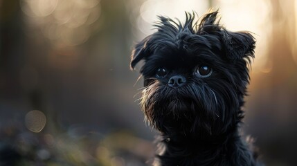 An enchanting close-up shows a black dog with shiny fur and soulful eyes, illuminated by the warmth of golden hour light