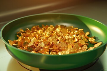 A green bowl filled with gold flakes. Perfect for luxury and wealth concepts