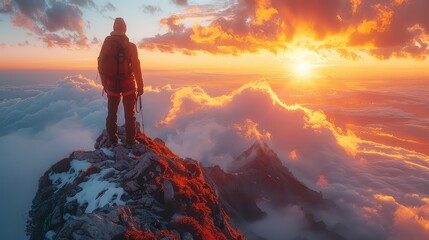 A man on top of a mountain with the sun setting behind him. Generative Ai