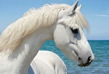 Obraz premium White horse stands on beach overlooking ocean, majestic figure contrasting against natural backdrop