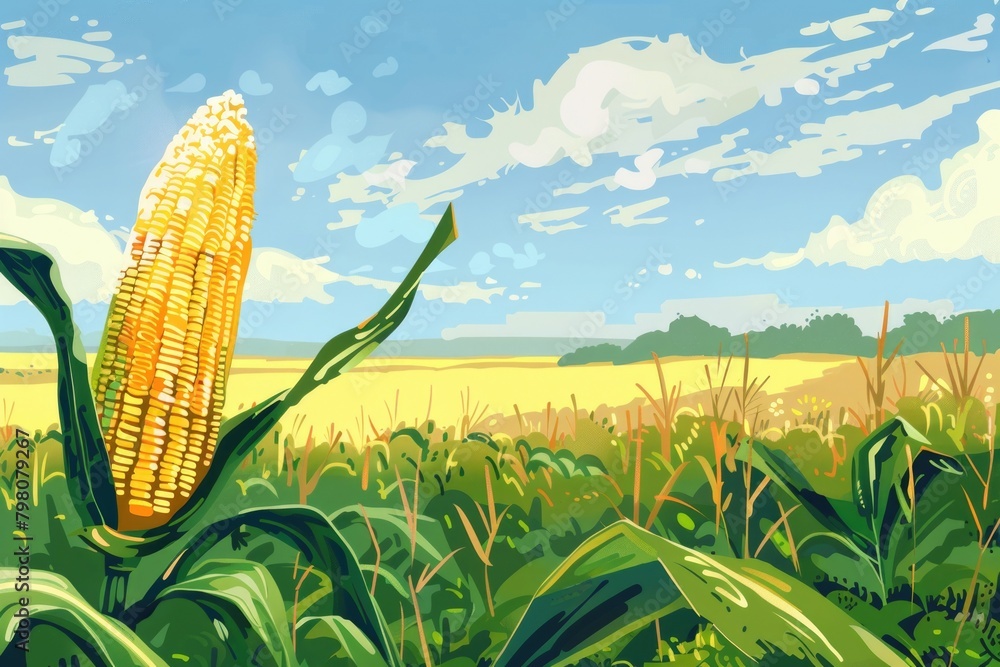 Poster a painting of a corn cob in a field. suitable for agricultural concepts