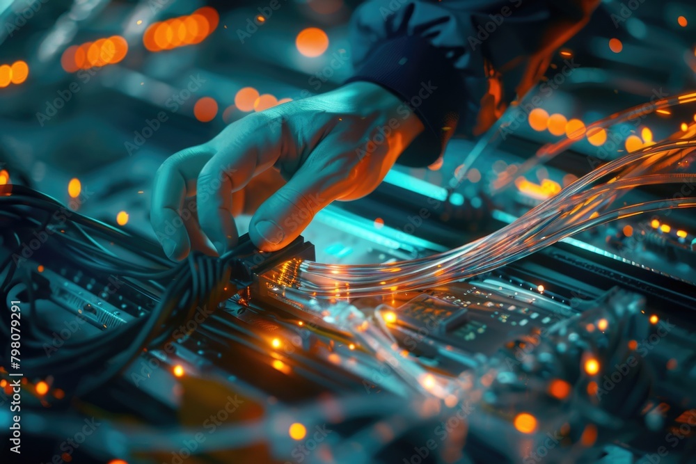 Aufkleber A person is seen working on a computer with many wires. Suitable for technology concept