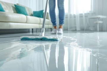 A woman cleaning the floor with a mop, suitable for household cleaning concepts