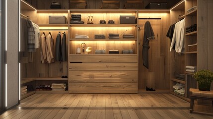 Interior of a walk-in closet with a wooden floor. Ideal for interior design projects