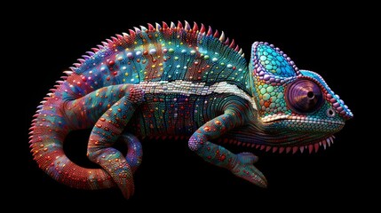 Vibrant ai illustration: multicolored chameleon with iridescent skin on black background