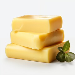 Yellow Cheese on Wooden Board on White Background isolated on white background