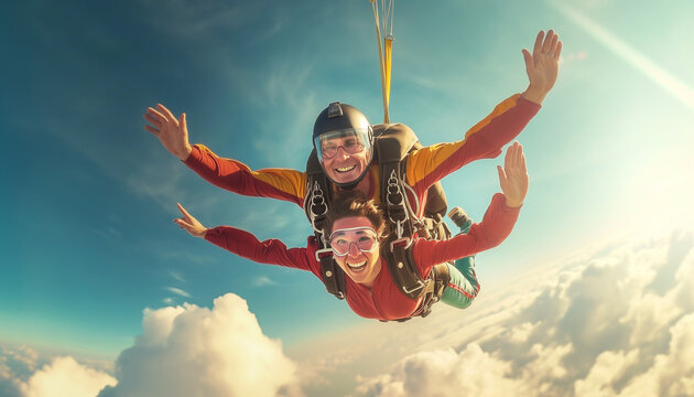 A Skydiving. Tandem jump. Happy Passenger