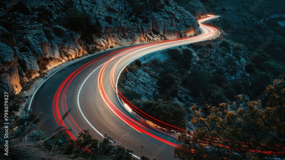 Poster a scenic view of a winding road captured with long exposure. suitable for travel and transportation 