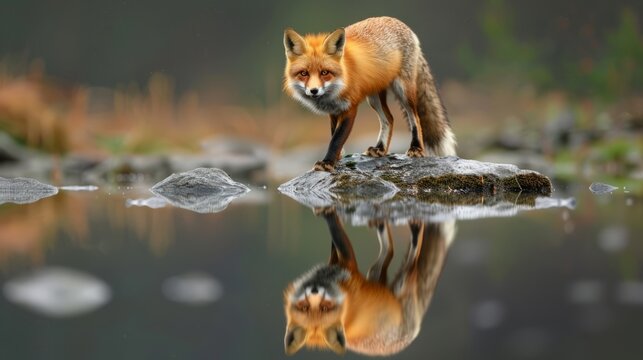 Alert red fox standing on stones over water, intently focused on prey - wildlife photography, hunting instincts captured in pure natural setting
