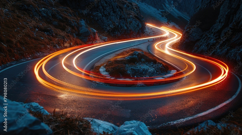 Poster a scenic view of a curved road with light streaks. suitable for transportation and travel concepts