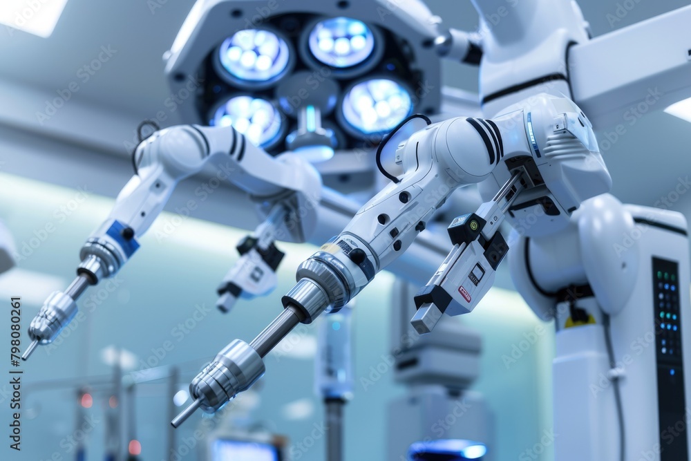 Poster a close up of a robotic arm in an operating room. perfect for medical technology concepts