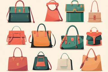 Various colored handbags on a white background. Perfect for fashion and accessory designs