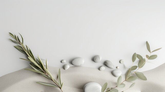 erene arrangement of a sage twig and rounded pebbles on a bed of sand, close-up, against a pristine white background