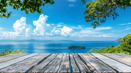 High-resolution photo of a simple wooden table overlooking a scenic view of the sea and a tranquil island under a bright blue sky
