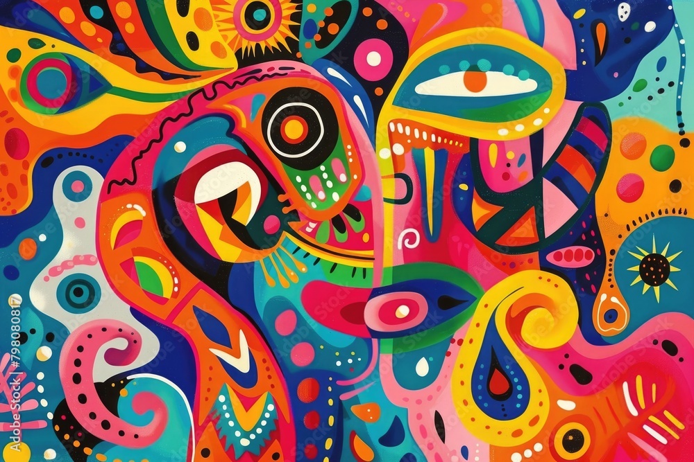 Poster a vibrant painting featuring a group of colorful people. perfect for adding a pop of color to any pr
