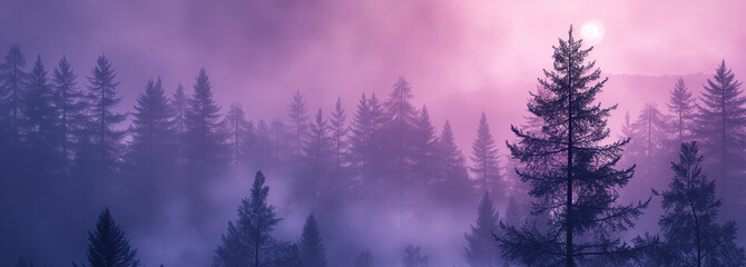 A twilight scene in a misty pine forest, the last rays of the sun casting a purple hue over the fog, silhouettes of trees visible.
