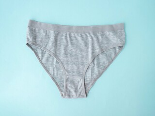 Women's underwear. Grey cotton underpants on a blue background. A piece of clothing for a person