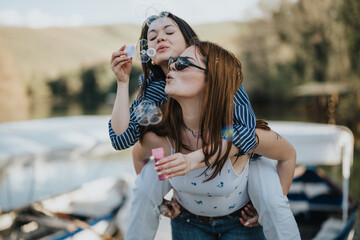 Two joyful young women sharing a playful moment outdoors, blowing bubbles near a serene lakeside, embodying friendship and leisure. - Powered by Adobe