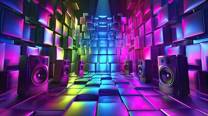 Integrated speakers on an abstract colorful background, music and sound concept.